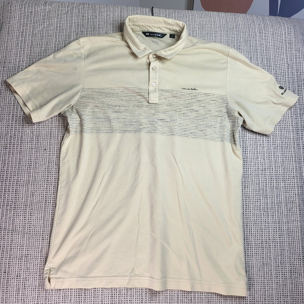 Travis Mathew Polo Shirt Men's Large Tan Striped Golf Performance Stretch‎ Logo